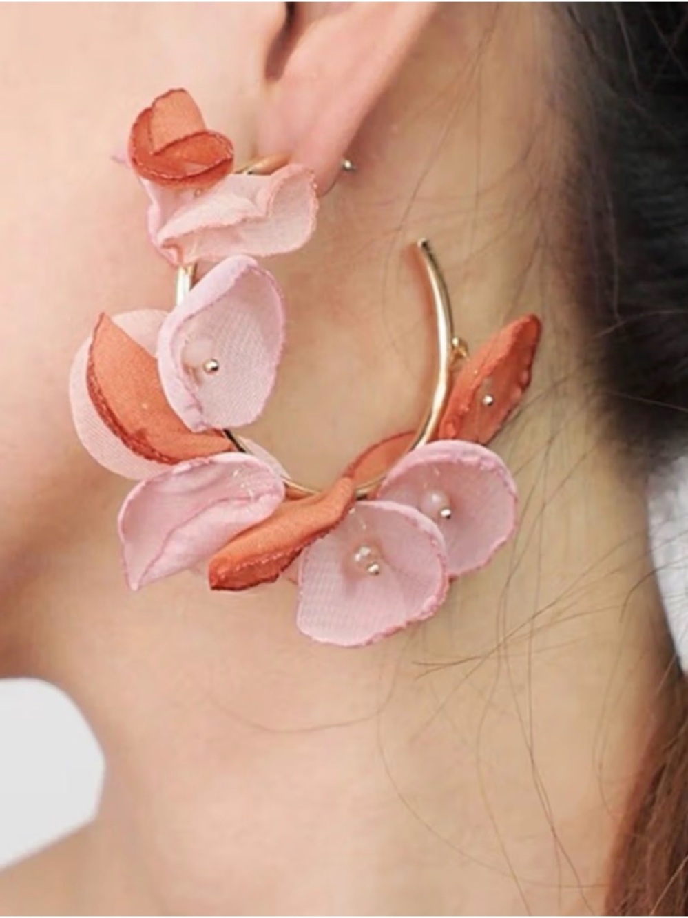 Gold Hoop Earrings Chiffon Bell Blossom Pink Peach Beaded Dangle